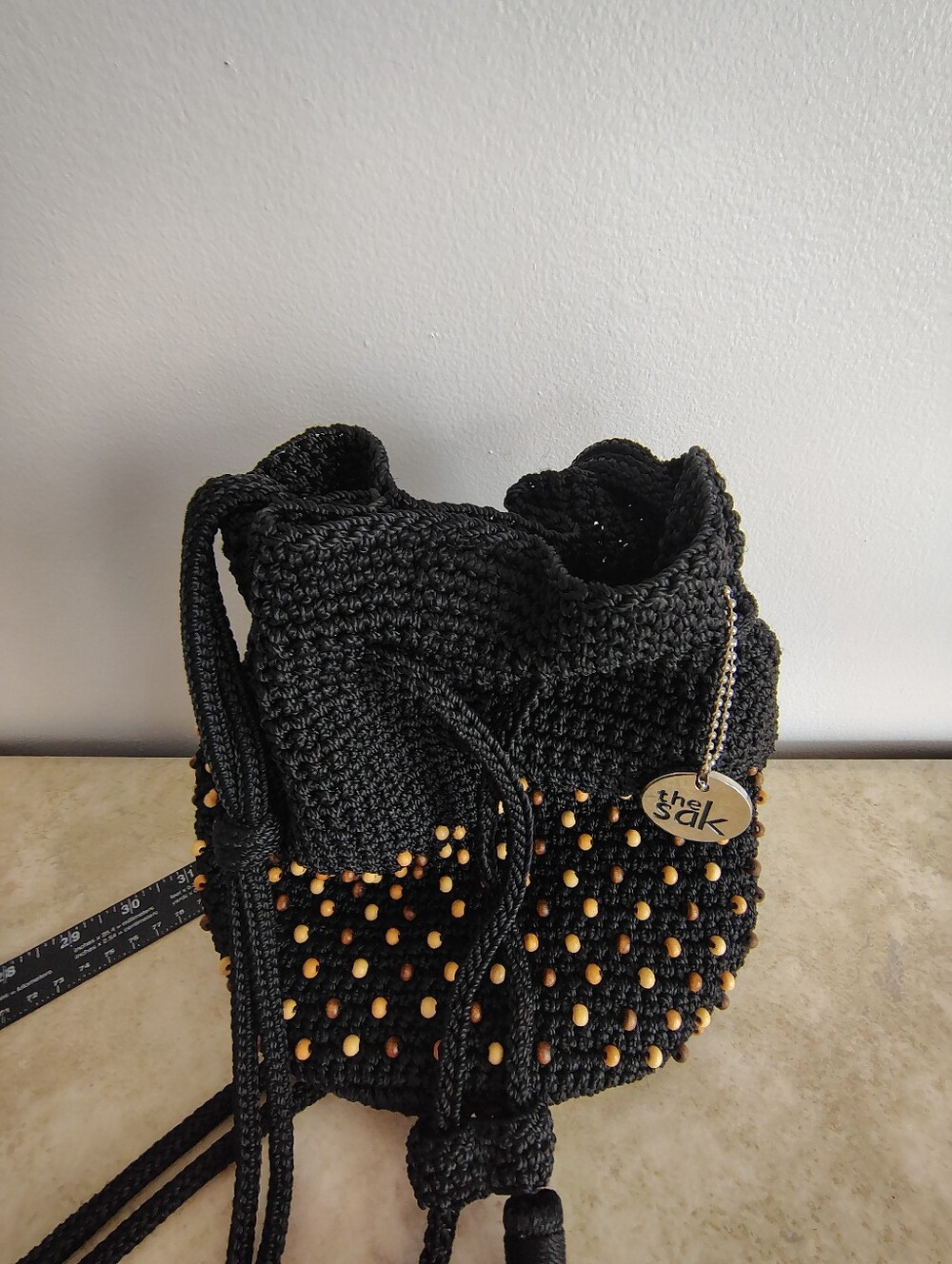 The Sak Black Crochet Crossbody Bag Wood Beads Tassel Drawstring Boho Bali - Picture 9 of 12